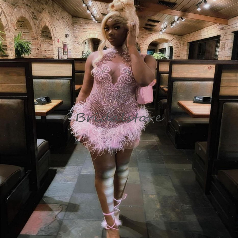 Chic Plus Size Black Girls Prom Dress With Feather Elegant Beaded Sheath Cocktail Formal Party Dress Aso Ebi Evening Birthday Crystal Formal Occasion 