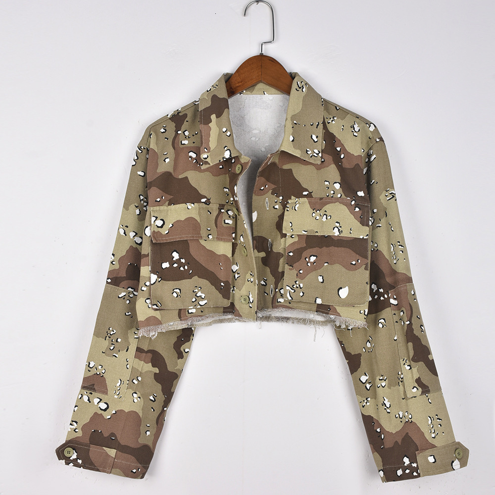 Women's Jackets Autumn Streetwear Jean For Women Long Sleeve Crop Top Green Camouflage Cut Out Buttons Denim with Pocket 230919