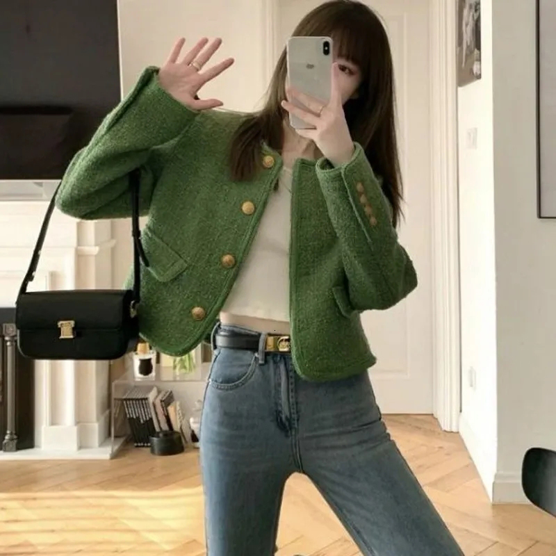 Women's Jackets MEXZT Vintage Short Tweed Jackets Women Korean Elegant Crop Blazer Coat Autumn Winter Single Breasted Casual Outerwear Tops 23091