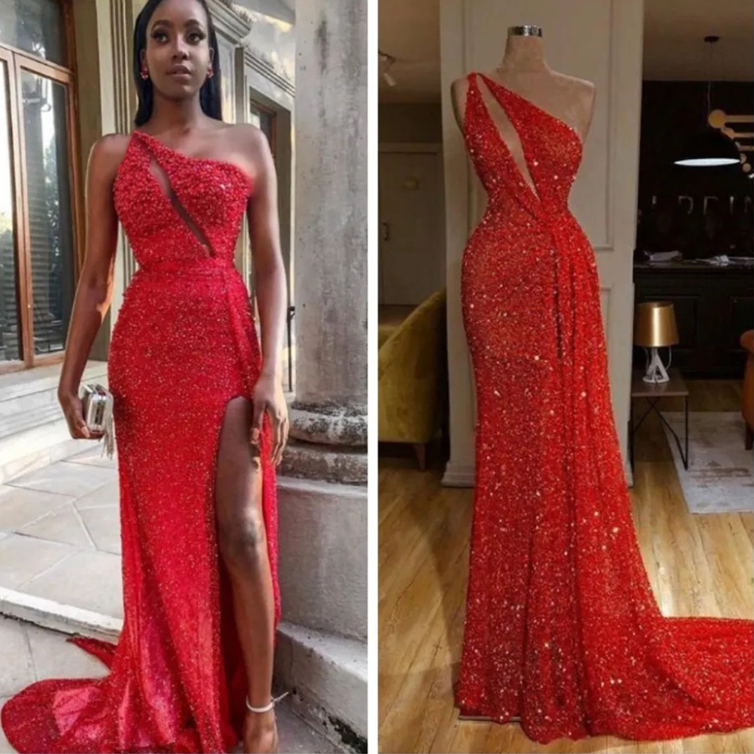 Red Fashion Sequins Mermaid Evening Dresses One Shoulder Beading High Split Prom Dress Simple Formal Party Gowns