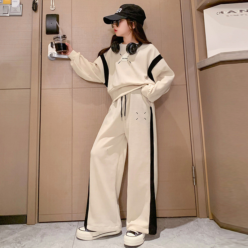 Clothing Sets College Style Girls Autumn Suit Teen Clothes Set Korean Long Sleeve Printed Wide Leg Pants Outfit Children Loungewear 3-15Y 230918