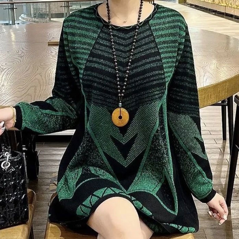 Women's Sweaters Casual Geometric Fashion Bright Silk Autumn Winter Long Sleeve Female Clothing Round Neck Korean Midi Knitted Jumpers 230918