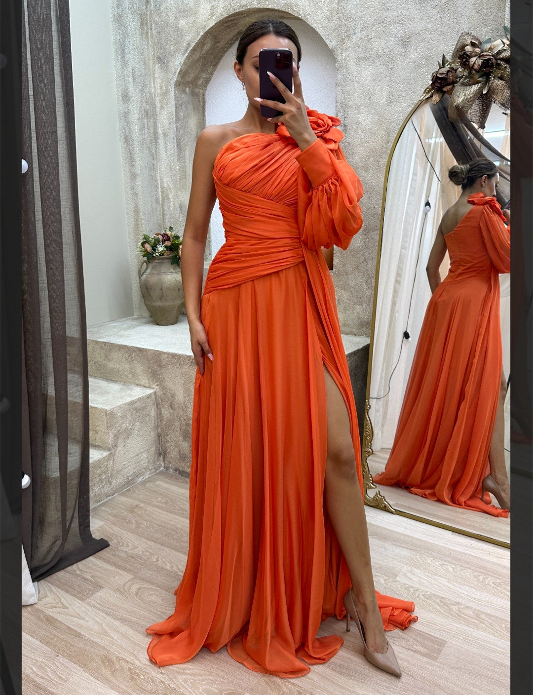 Elegant A-Line Long Sleeve One Shoulder Chiffon Evening Dresses with Flower A-Line Yellow Robe De Soiree Floor Length Zipper Back Formal Party Gowns f