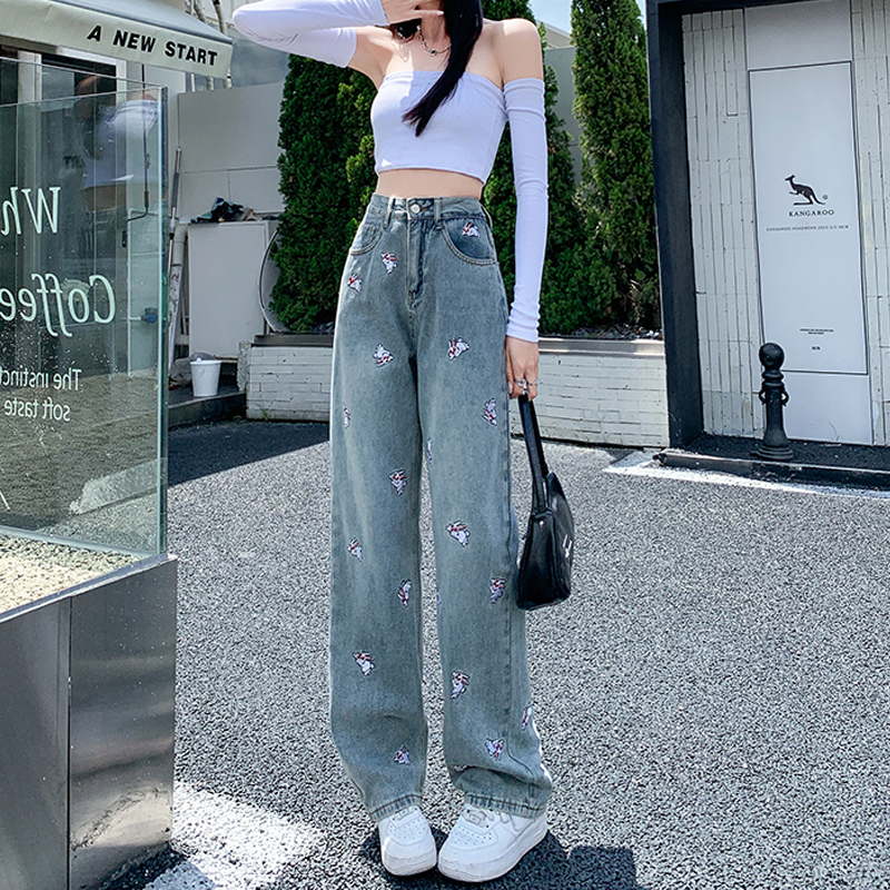 Women's Jean's Cartoon Rabbit Embroidery Blue Jeans Street Style Casual Denim Pants Female High Waist Straight Wide Legs Trousers 230918