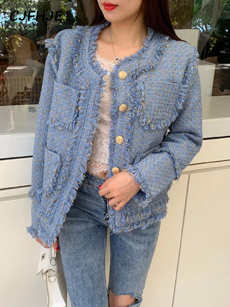 Women's Jackets CJFHJE Tassel Elegant Short Tweed Jacket Women Blue Chic Winter Woolen Coats Female Korean Fashion Pockets Long Sleeve Outerwear 