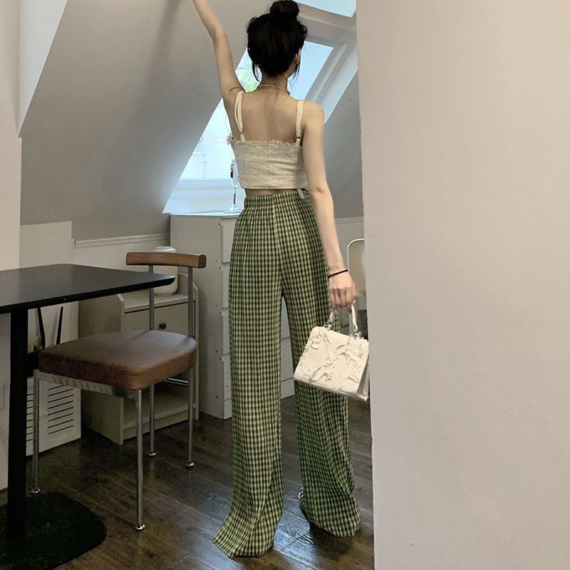 Women's Pants s Femme Fashion Printing Plaid High Waist Straight Women Clothing Allmatch Pleated Elastic Trousers Summer Casual Wide Leg 230919