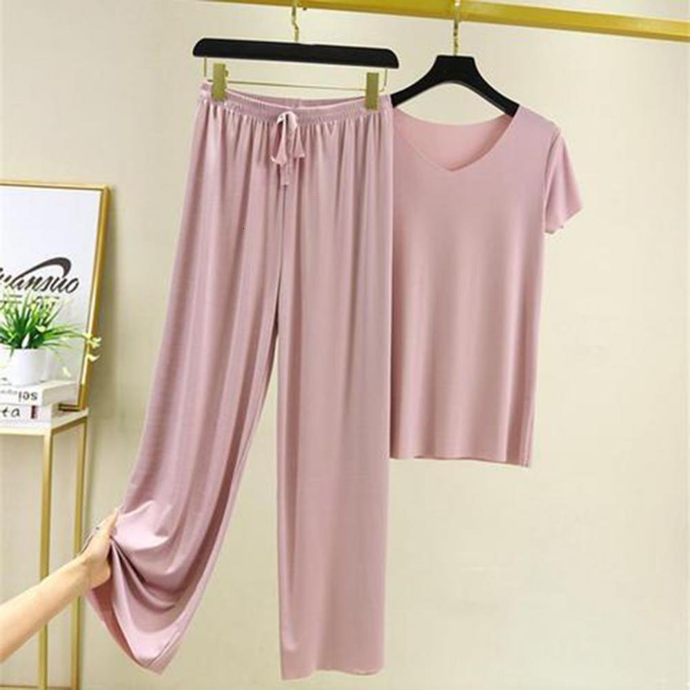 Women's Tracksuits Casual Tracksuit Women Solid Color Short Sleeve Loose Pajama Shirts Elastic Waist Wide Leg Pants Home Wear Female 230919