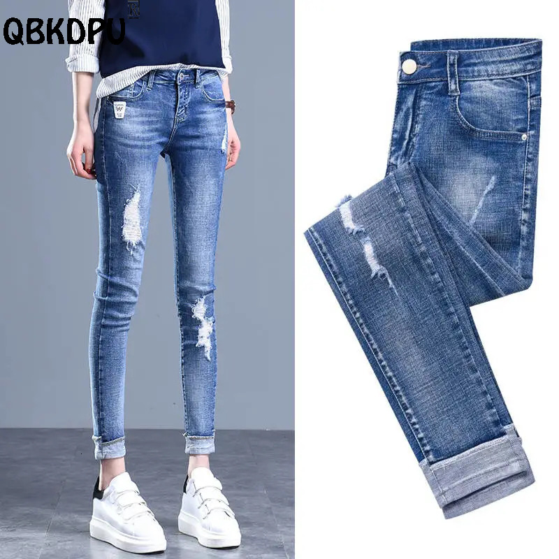 Women's Jeans Trendy Ripped Pencil Jean Casual Slim Mid Waist Vaqueros Spring Summer Streetwear Denim Pants Wash Blue Skinny s 230918