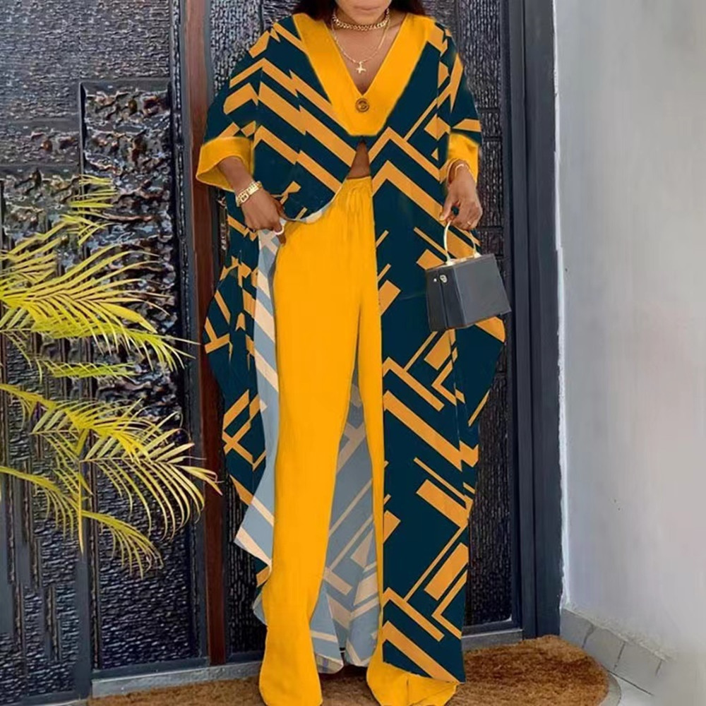 Women's Tracksuits Spring Fashion Printing Loose Two Piece Set Women Casual Onebutton Long Split Top Wide Leg Pants 2 Piece Suit Women 230918