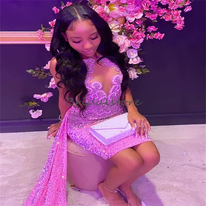 Pink Sequin Short Prom Dress With Train Luxury Black Girls Evening Dress Beaded Crystal Cocktail Birthday Party Wear Formal 2024 Chic Women Graduation