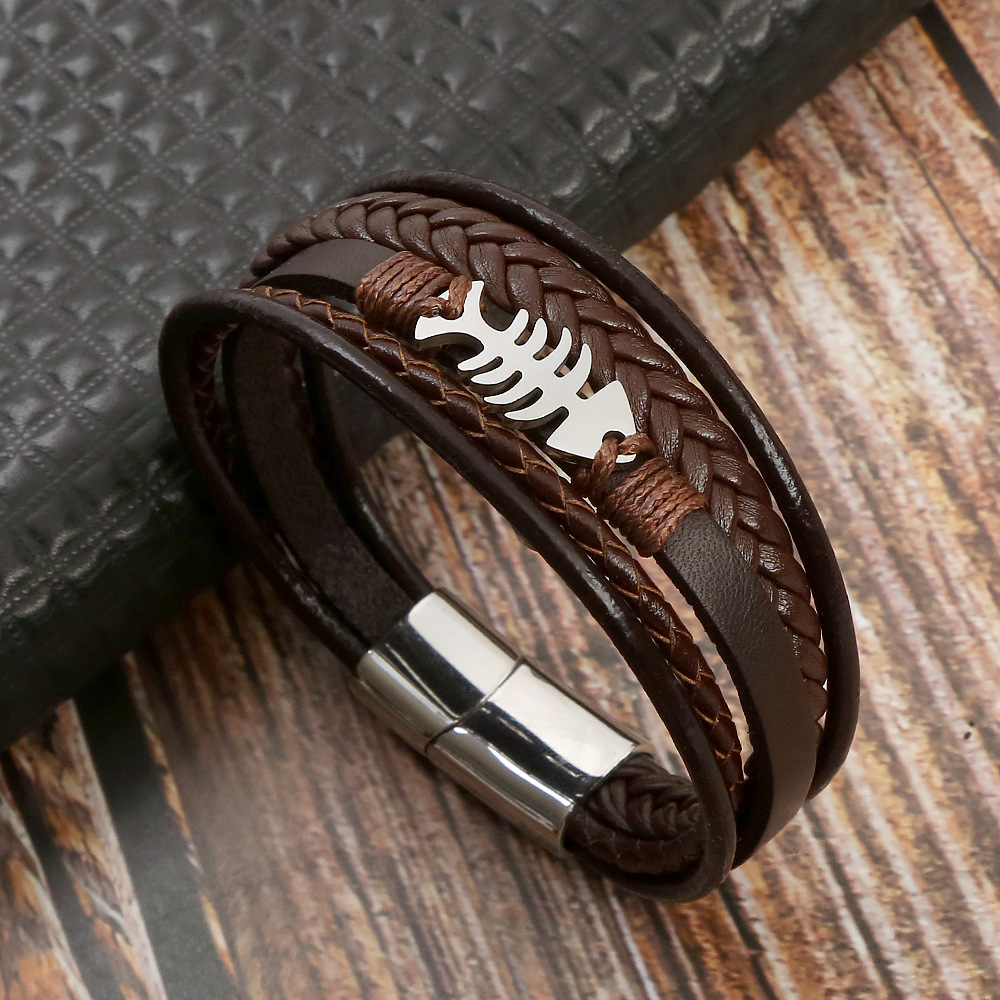 Popular Men Style Multi Layered Leather Fish Charm Bracelet Stainless Steel Buckle Bangle for Gift