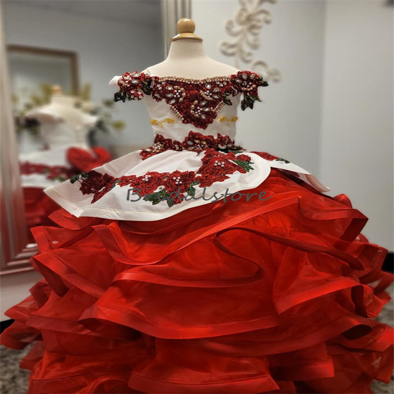 Luxury Mexican Black Kid Pageant Dress Embroidery Flower Girls Dress 2023 With Embroidery Cute Kids Birthday Dress Beaded Corset Cake Topper Dress Lit