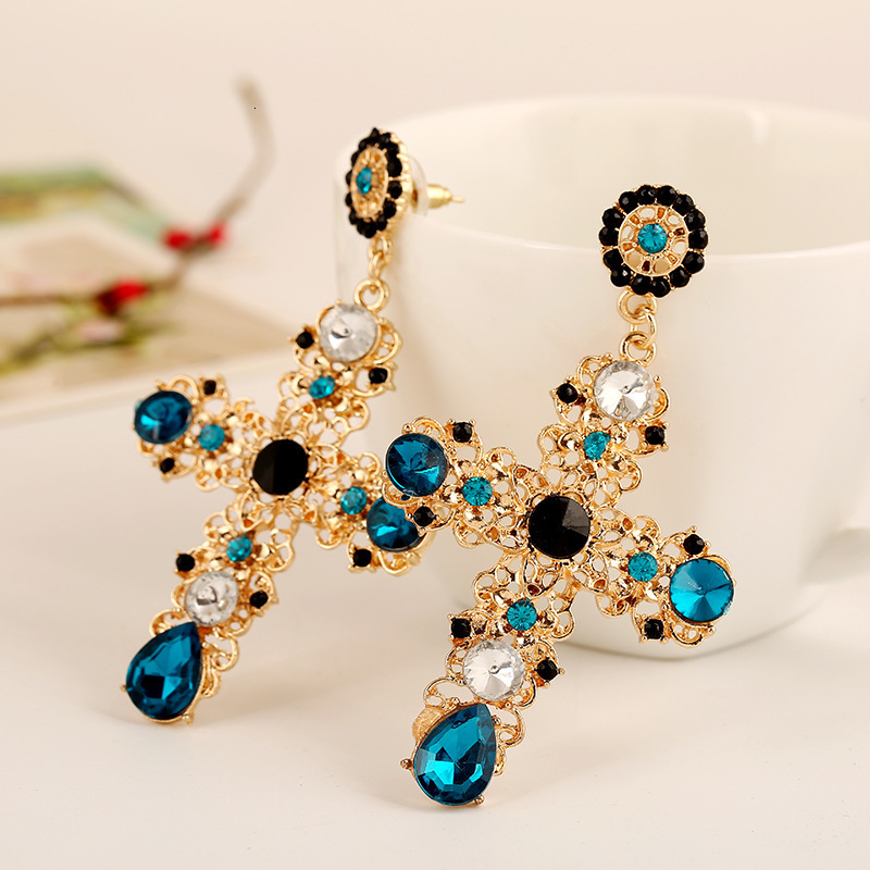 Hoop Huggie Arrival Vintage Black Pink Crystal Cross Drop Earrings for Women Baroque Bohemian Large Long Earrings Jewelry Brincos 230919