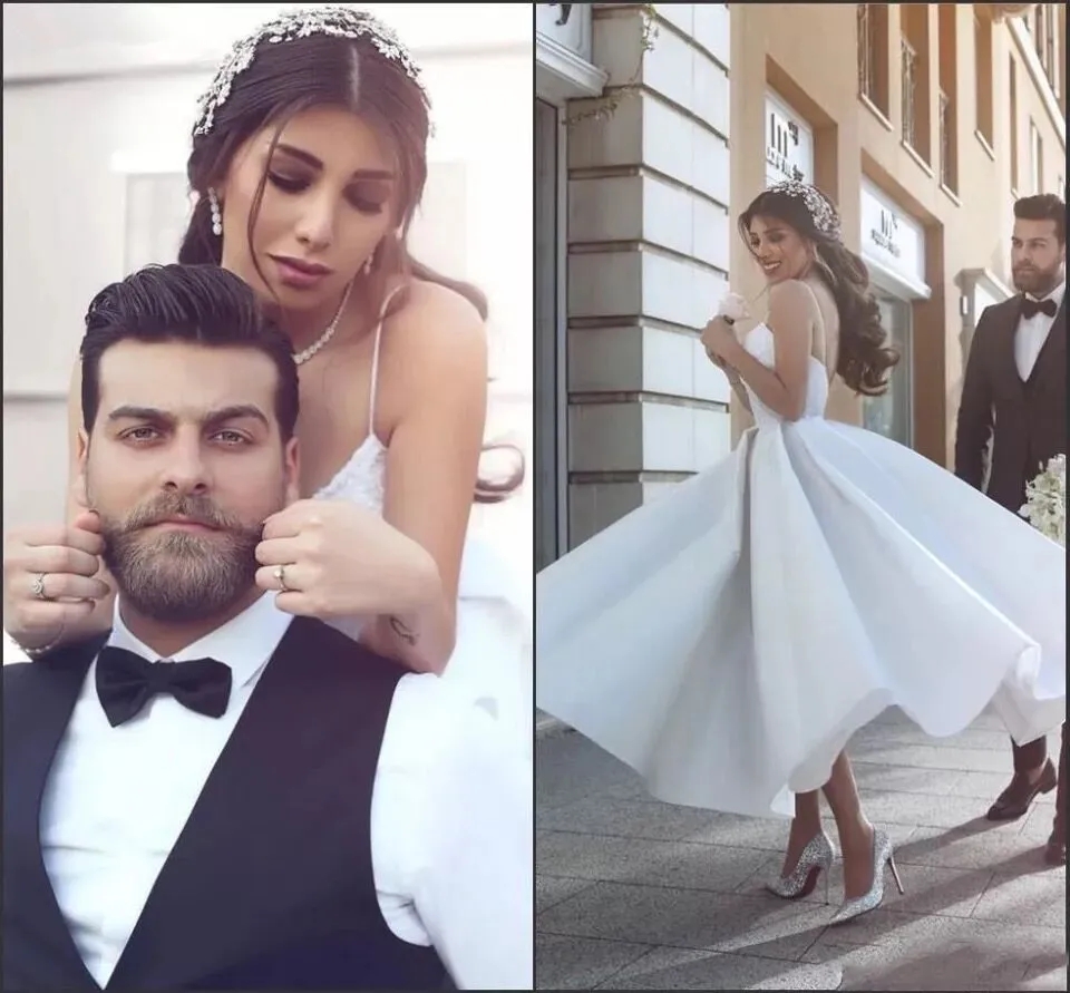 White Satin Tea Length Short Wedding Dresses 2024 Spaghetti Straps Backless Cheap Wedding Gowns Bride Dresses