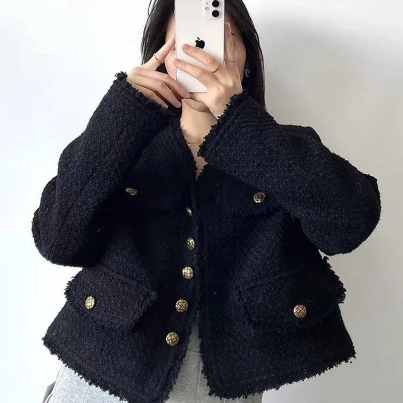 Women's Jackets GIDYQ Korean Fashion Cropped Tweed Jacket Women Autumn Winter Black Long Sleeved Tassel Coats Elegant All Match Outerwear 230919