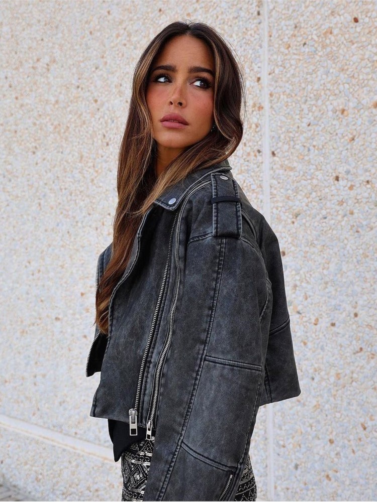 Women's Faux Leather Cropped Zip Bomber Jacket Long Sleeve Lapel Warm Streetwear Coats