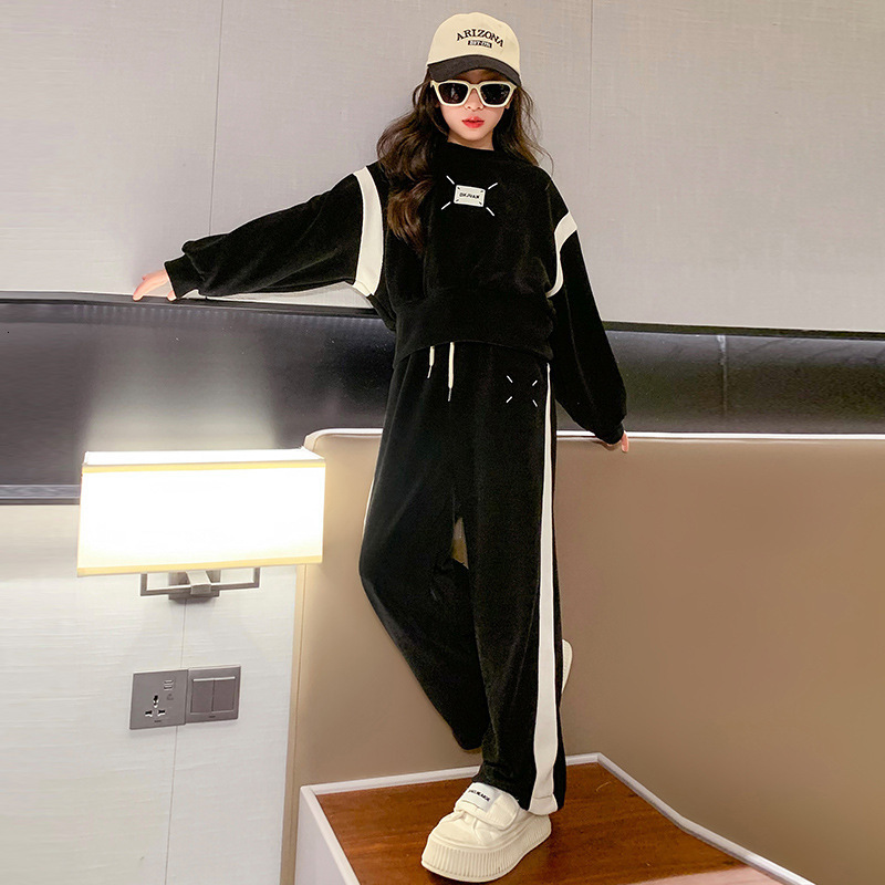 Clothing Sets College Style Girls Autumn Suit Teen Clothes Set Korean Long Sleeve Printed Wide Leg Pants Outfit Children Loungewear 3-15Y 230918