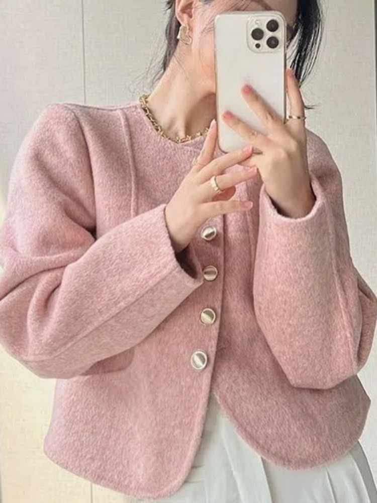 Women's Jackets Wool Jacket Round Neck Single Breasted Blends Coats Solid Loose Thickening Fashion Winter for Women 230919