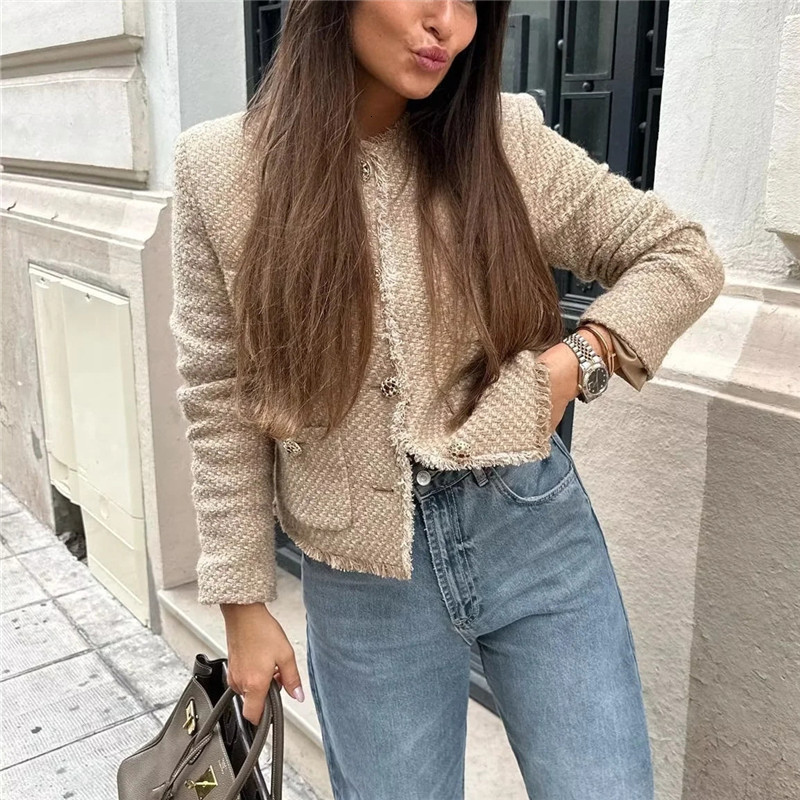 Women's Jackets TRAF Camel Tweed Jacket Women Frayed Autumn Cropped Jacket Woman Fashion Long Sleeve Elegant Womens Jackets Button Short Coats 23