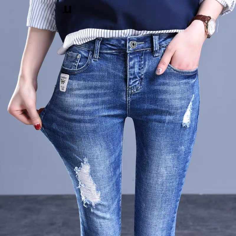 Women's Jeans Trendy Ripped Pencil Jean Casual Slim Mid Waist Vaqueros Spring Summer Streetwear Denim Pants Wash Blue Skinny s 230918