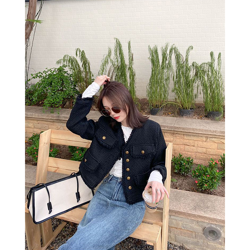 Women's Wool Blends Black Cropped Tweed Jackets Women Vintage Tassel Basic Short Coats Korean Elegant Single-Breasted Casual Outerwear Spring Aut