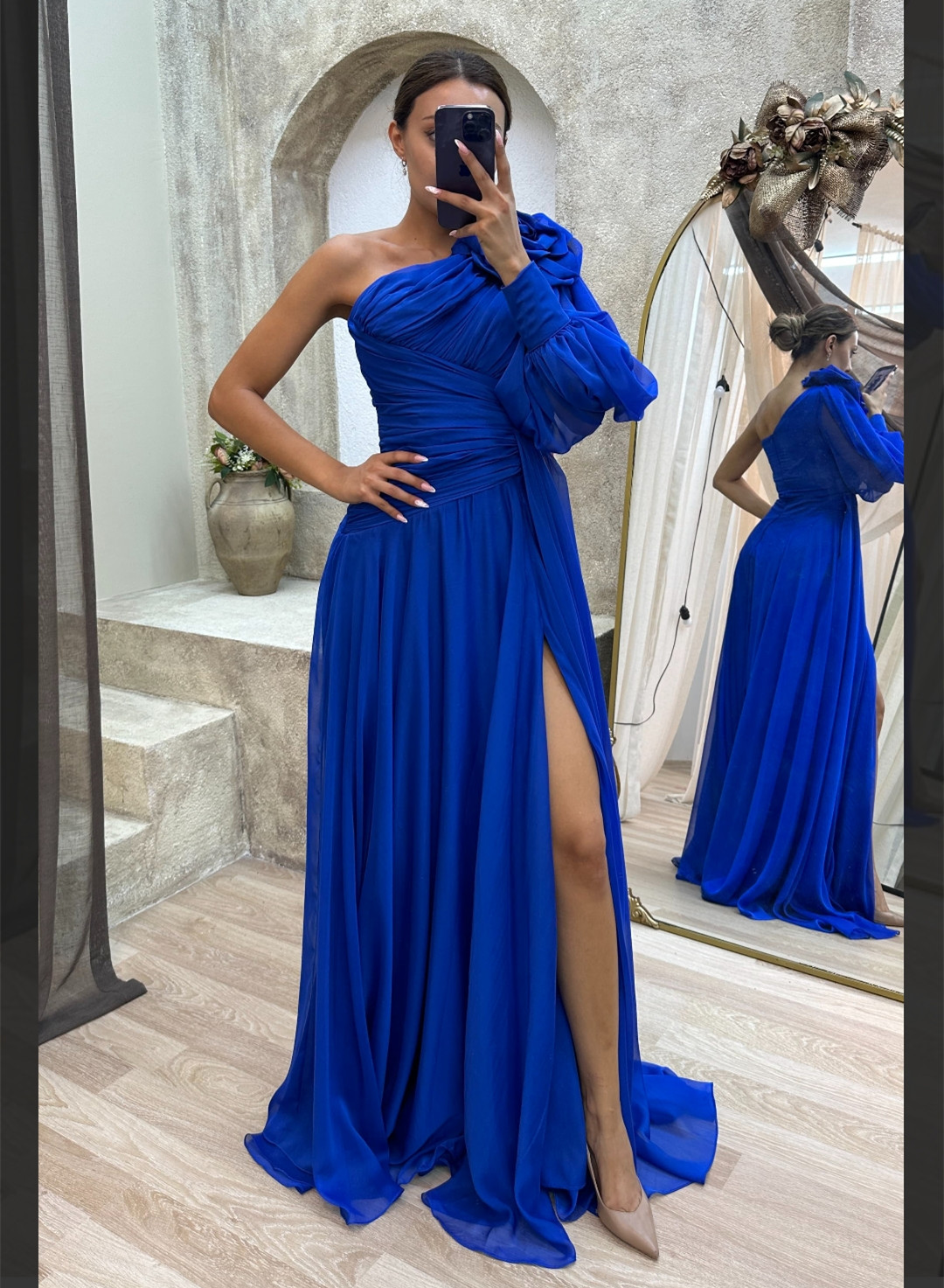 Elegant A-Line Long Sleeve One Shoulder Chiffon Evening Dresses with Flower A-Line Yellow Robe De Soiree Floor Length Zipper Back Formal Party Gowns f