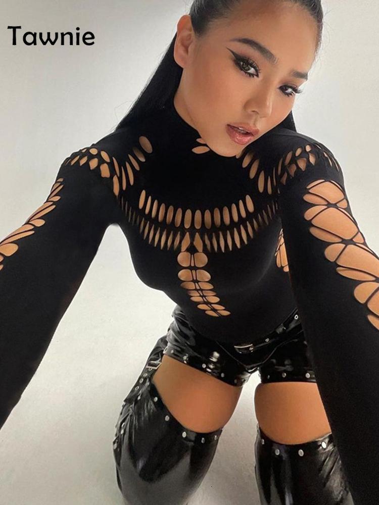 Women's Jumpsuits Rompers Tawnie Solid Hollow Out Turtleneck Bodysuit Women Fall Sexy Bodycon Long Sleeve Body Top Streetwear Skinny Rompers Outf