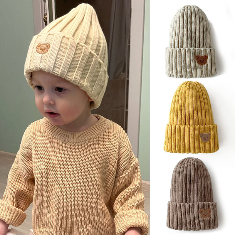 Caps Hats Korea Spring Autumn Kids Boys Hat Candy Color Knit Girls Bear Head Embroidery Knitted 230919