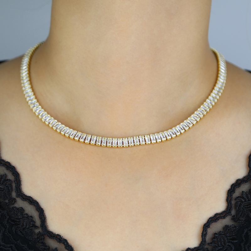 Gold Plated Mini Rectangle Zircon Tennis Chain Choker Necklace Hip Hop Women Men Full Paved 5A Cubic Zirconia Valentine's Gift Jewelry