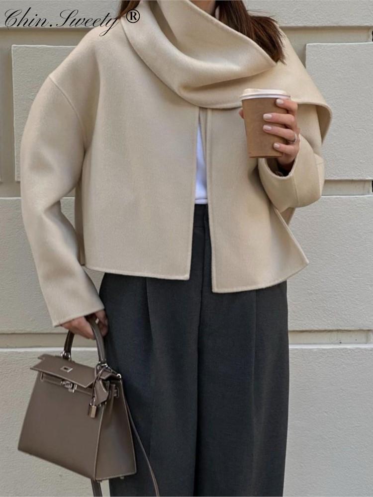 Women's Jackets Autumn Scarf Short Beige Coat Women Patchwork Long Sleeve Loose Female Cardigan Elegant Double Sided Chic Streetwear 230919