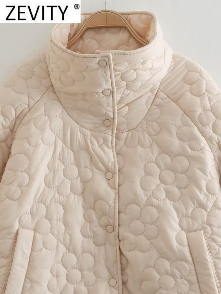 Women's Down Parkas ZEVITY Women Fashion Stand Collar Flower Pattern Cotton Padded Jacket Coat Female Pockets Outerwear Chic Button Tops CT2761 2