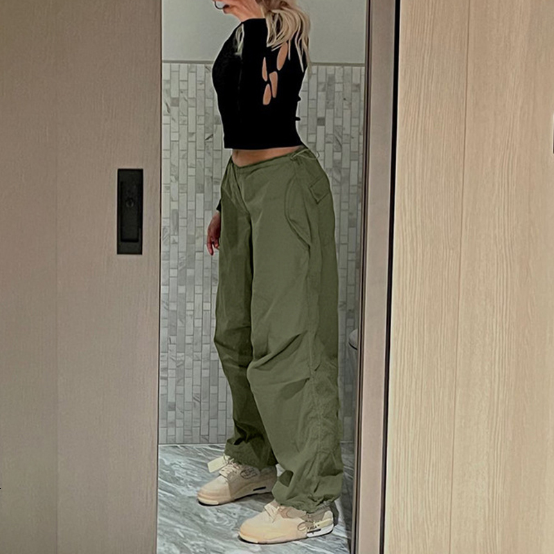 Women's Pants Capris Women Y2K Cargo Pants Solid Low Waist Sweatpants Drawstring Wide Leg Baggy Trousers Summer Streetwear Punk Casual Tech Pant 