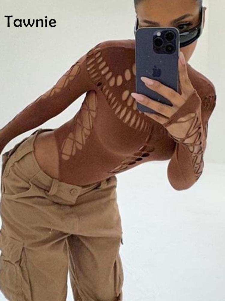 Women's Jumpsuits Rompers Tawnie Solid Hollow Out Turtleneck Bodysuit Women Fall Sexy Bodycon Long Sleeve Body Top Streetwear Skinny Rompers Outf