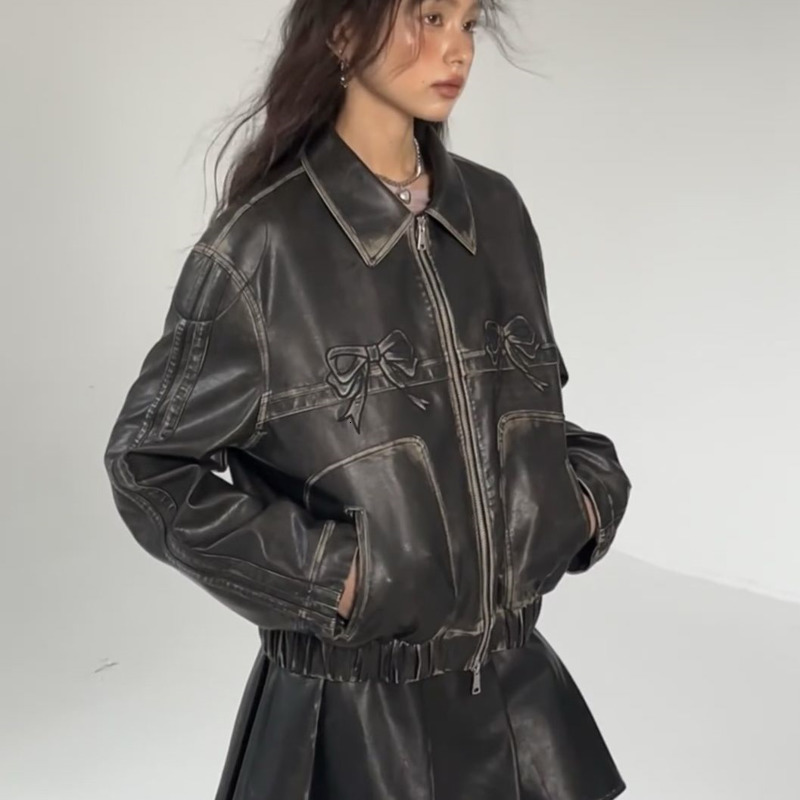 Women's Jackets Bow Y2k Motorcycle PU Leather Jacket Female Autumn Fashion Zipper Poloneck Sweet Cool Personal Street Vintage Oversize Coat Top 2