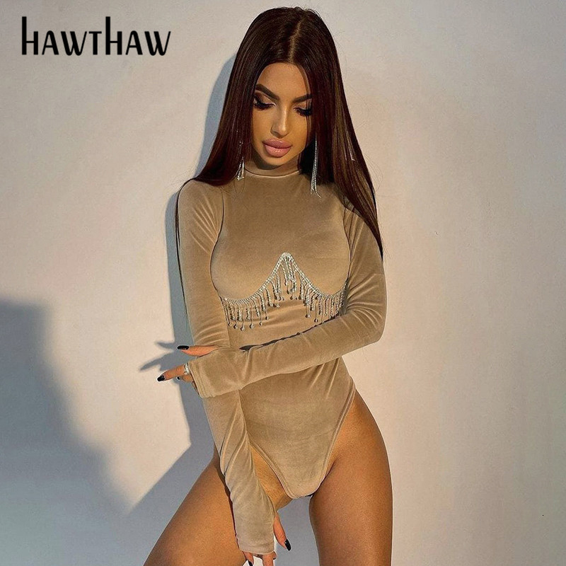 Women's Jumpsuits Rompers Hawthaw Diamond Tassels Body Women Autumn Winter Long Sleeve Turtleneck Bodycon T Shirt Fashion Tops Bodysuit Fall Clot