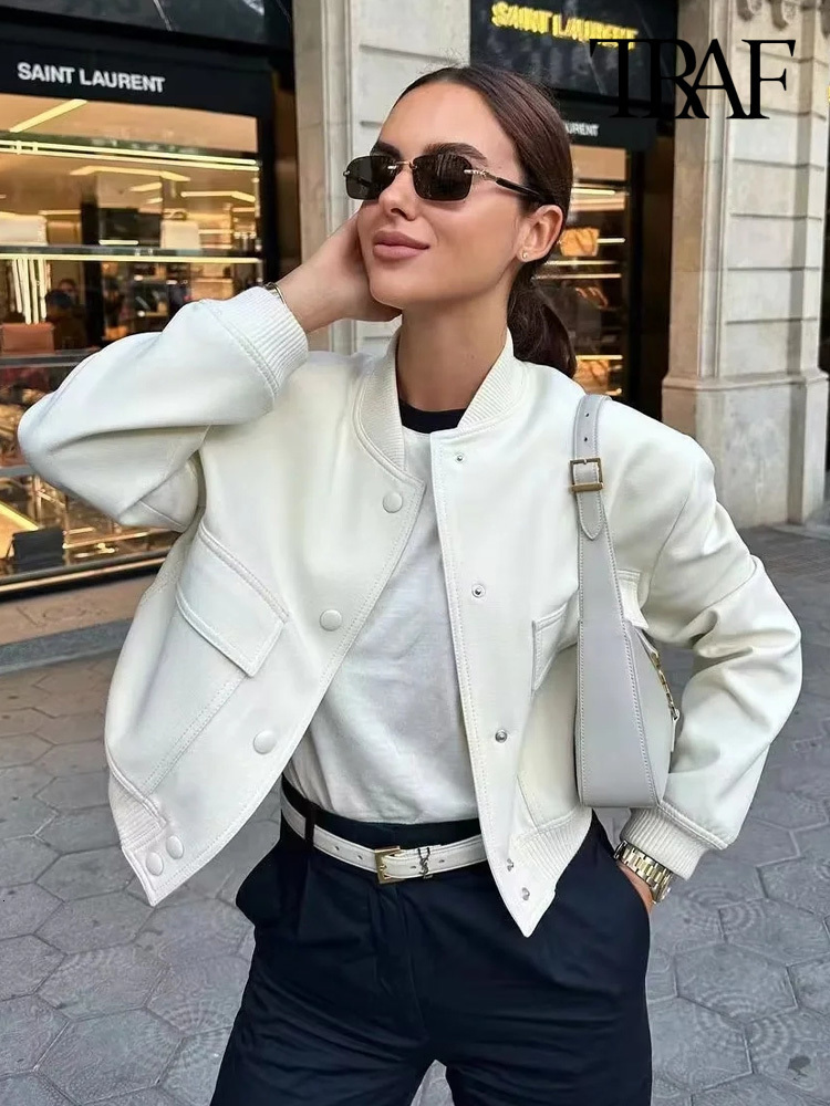 Women's Jackets TRAF Women Fashion With Pockets Bomber Jacket Coats Vintage Long Sleeve Front Button Casual Female Outerwear Chic Tops 230919