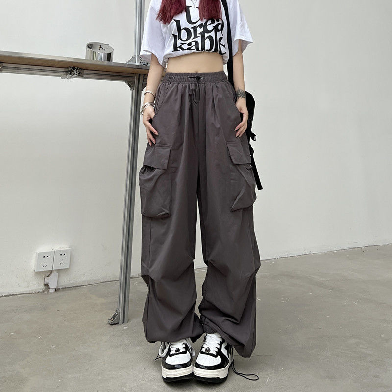 Women's Pants Capris Y2K Trousers Women Cargo Pants Straight Wide Leg Drawstring Oversize Pockets Kpop High Waisted Breathable Solid Color Sweatp