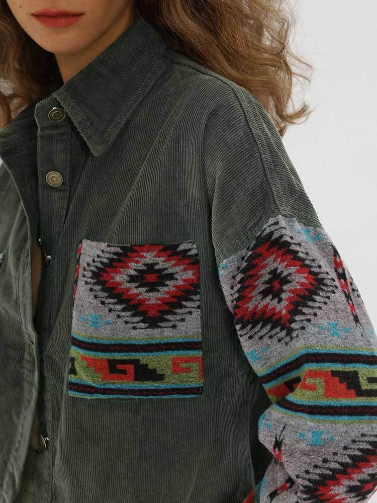 Women's Jackets Jacket for Women Corduroy Long Sleeves Shacket Ethnic Aztec Print Shirt Fall Winter Streetwear Outerwear 230919
