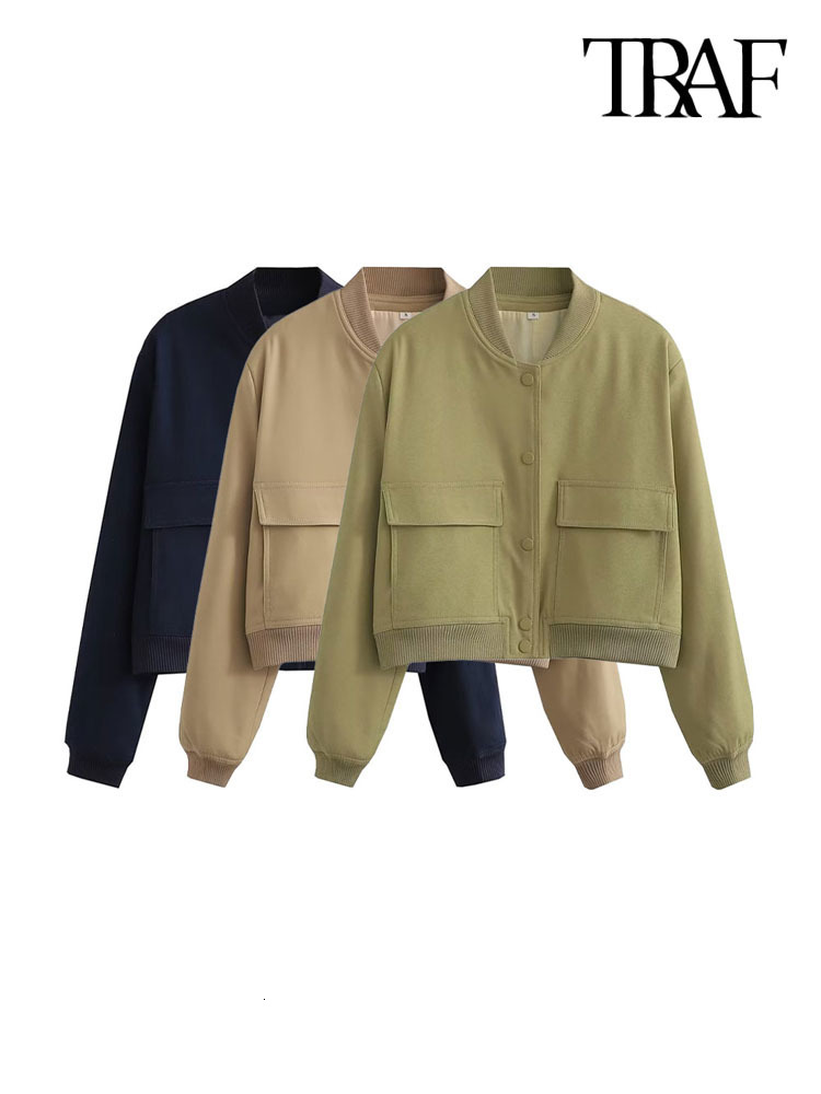 Women's Jackets TRAF Women Fashion With Pockets Bomber Jacket Coats Vintage Long Sleeve Front Button Casual Female Outerwear Chic Tops 230919