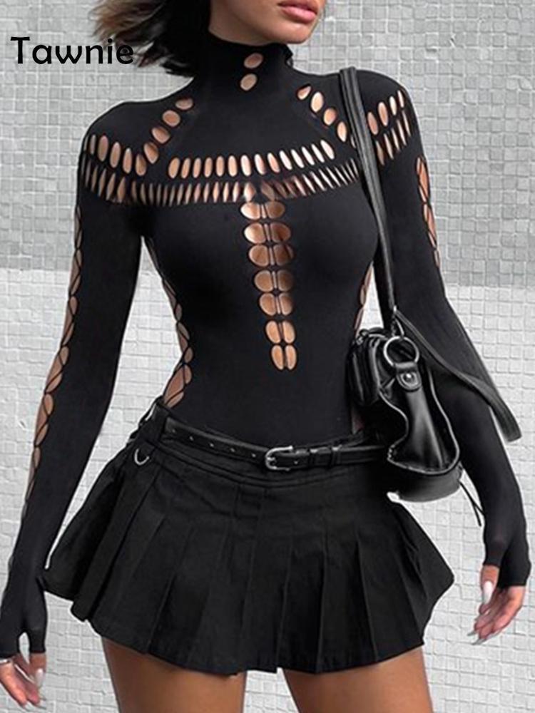Women's Jumpsuits Rompers Tawnie Solid Hollow Out Turtleneck Bodysuit Women Fall Sexy Bodycon Long Sleeve Body Top Streetwear Skinny Rompers Outf