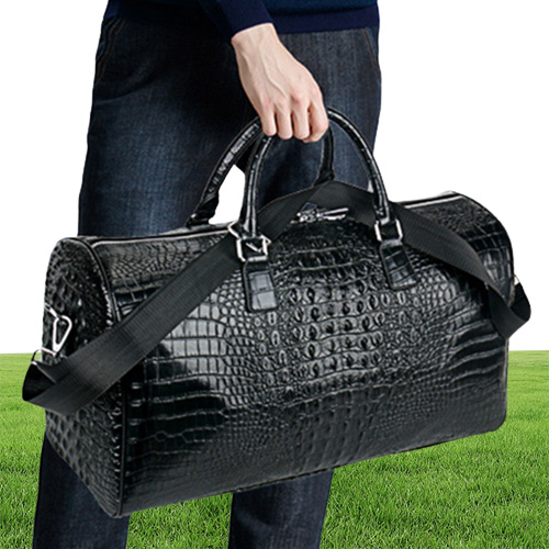 Male Genuine Leather Travel Bag Large Crocodile pattern Big Fitness Handbag Luggage Drums Shoulder Business computer Bags Black Me