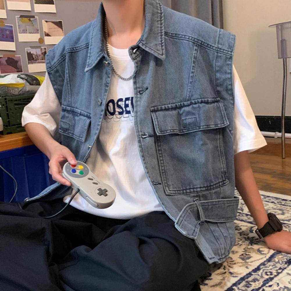 Men's Vests Men Vest Coat Loose Super Soft Streetwear Lapel Single Breasted Cargo Denim Waistcoat for Party 230919
