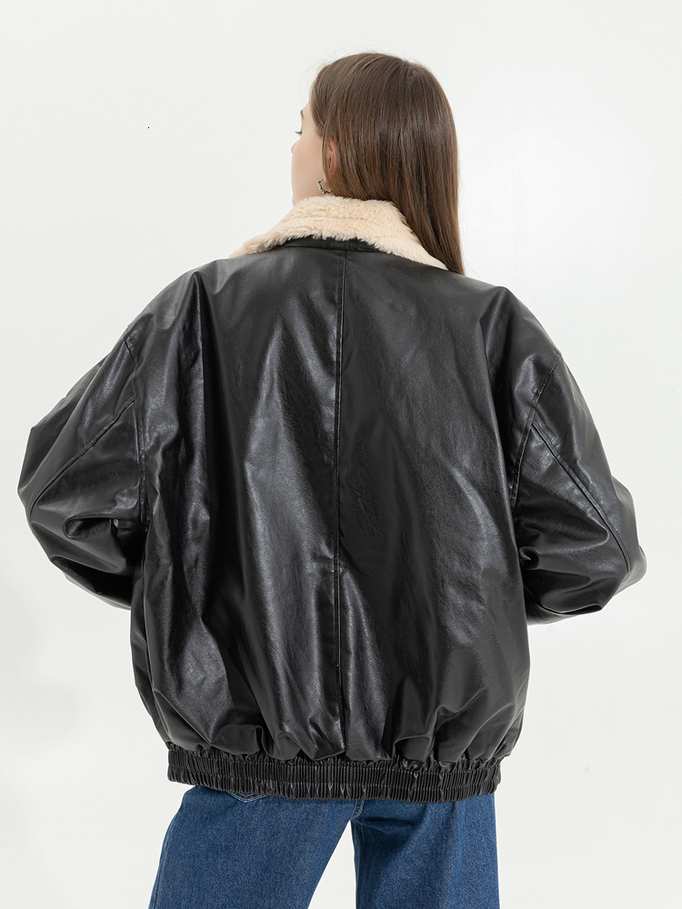 Women's Jackets Winter Women's Fur Leather Jacket Long Sleeved Loose Warm Lamb Wool Vintage Thickened Locomotive Lapel Female PU Motorcycle 