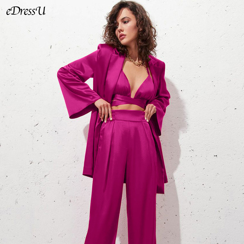 Womens Two Piece Pants eDressU 3PCS Pink Women Satin Blazer Jacket High Quality Long Trousers Office Elegant Sexy Halter Vest Tops Skirt SJY9939 23092