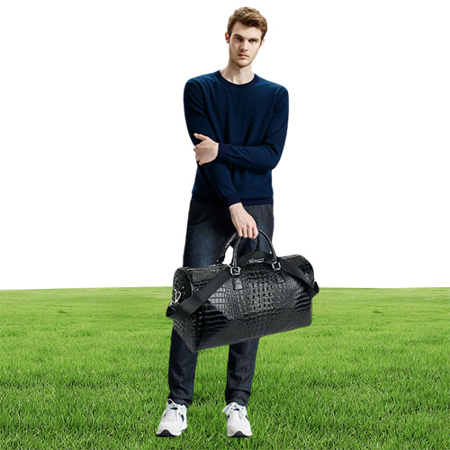 Male Genuine Leather Travel Bag Large Crocodile pattern Big Fitness Handbag Luggage Drums Shoulder Business computer Bags Black Me