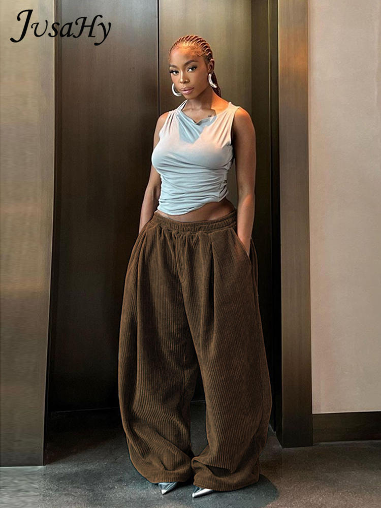Women s Pants s JusaHy Women Super Heavyweight Y2K Hip Hop Safari Style Trousers Solid Loose Floorlength Hem Shirring Lace Up Pocket 230920