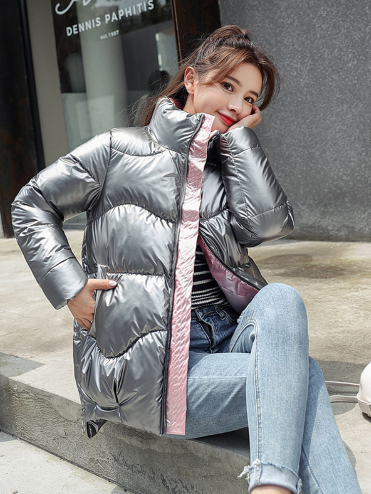 Women's Down Parkas Light-reflecting Jacket Women Winter Warm Bread Parka Short Padded Casual Thick Stand-callor Oversized Cotton Coat Femme Park
