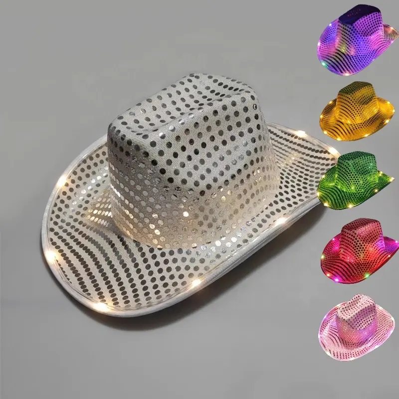 Popular 100Pc Cowgirl LED Hat Flahing Light Up Sequin Cowboy Hat Luminou Cap Halloween Chritma Cotume Acceorie 920 0113I