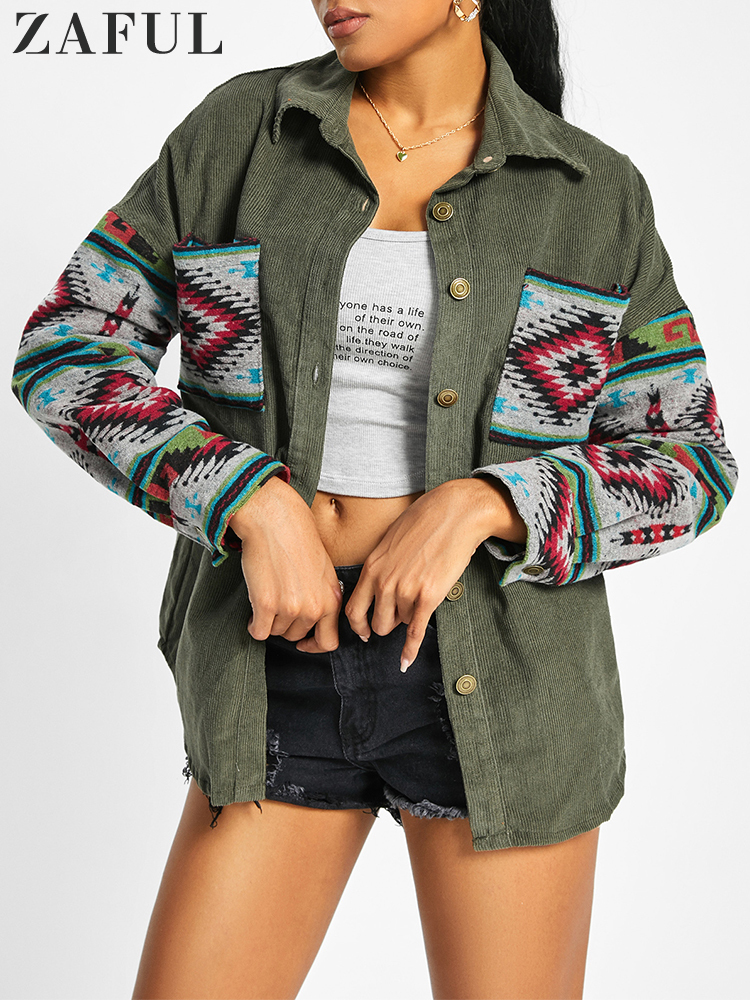 Women's Jackets Jacket for Women Corduroy Long Sleeves Shacket Ethnic Aztec Print Shirt Fall Winter Streetwear Outerwear 230919