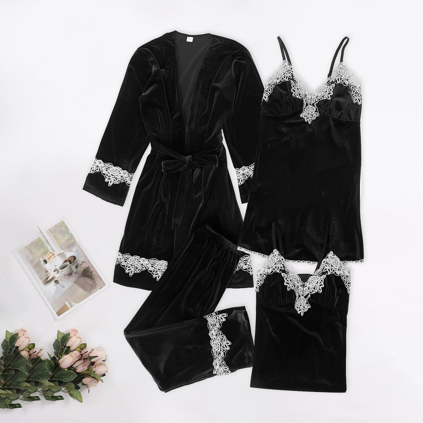 Floral Trim Sexy Women Velvet 3PCS Sleepwear Autumn Winter Warm Pajama Pyjama Set Solid Colar Nightwear Soft Home Wear M-XL